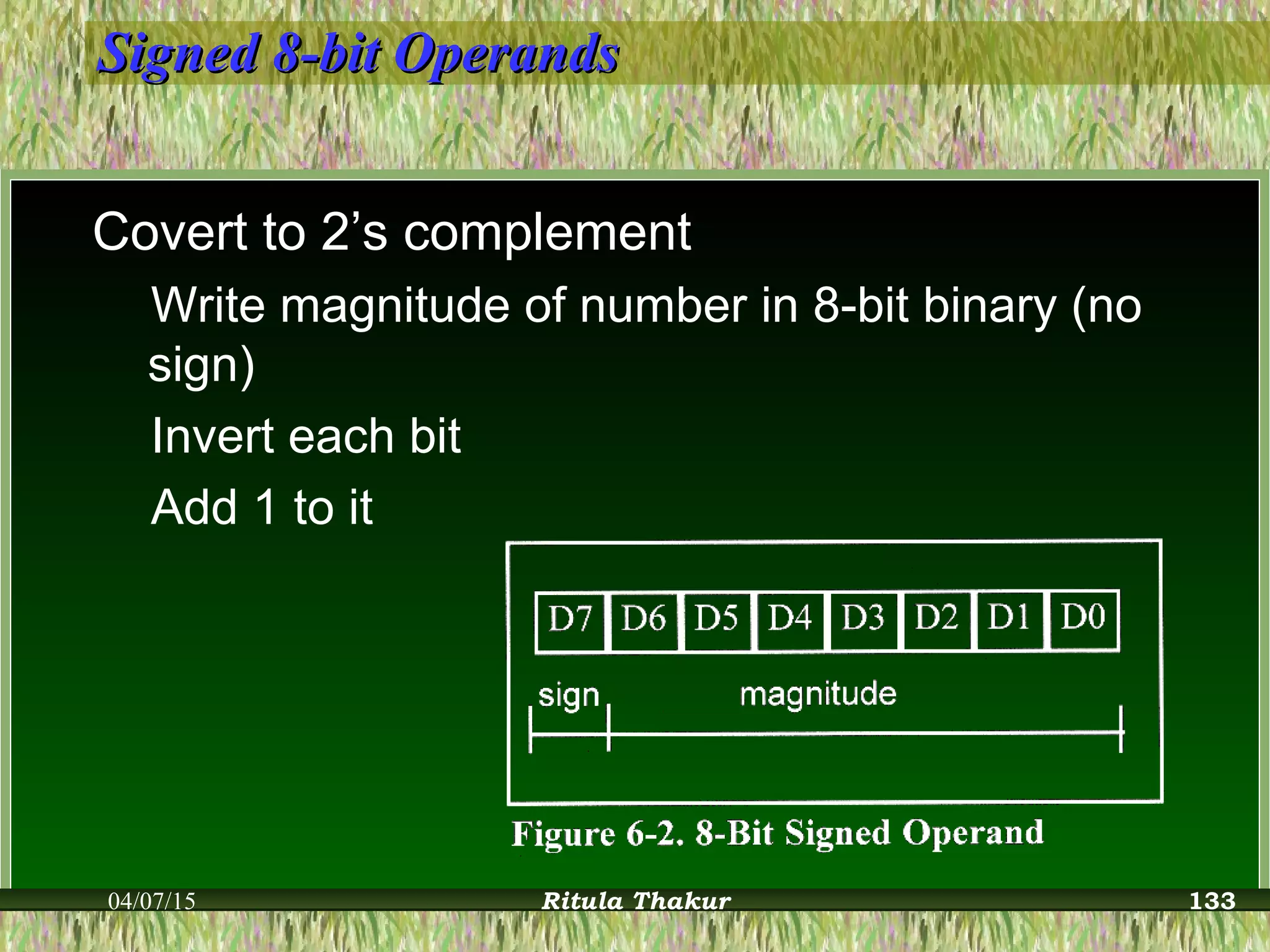 Signed 8-bit OperandsSigned 8-bit Operands
Covert to 2’s complement
Write magnitude of number in 8-bit binary (no
sign)
Invert each bit
Add 1 to it
04/07/15 Ritula Thakur 133
 