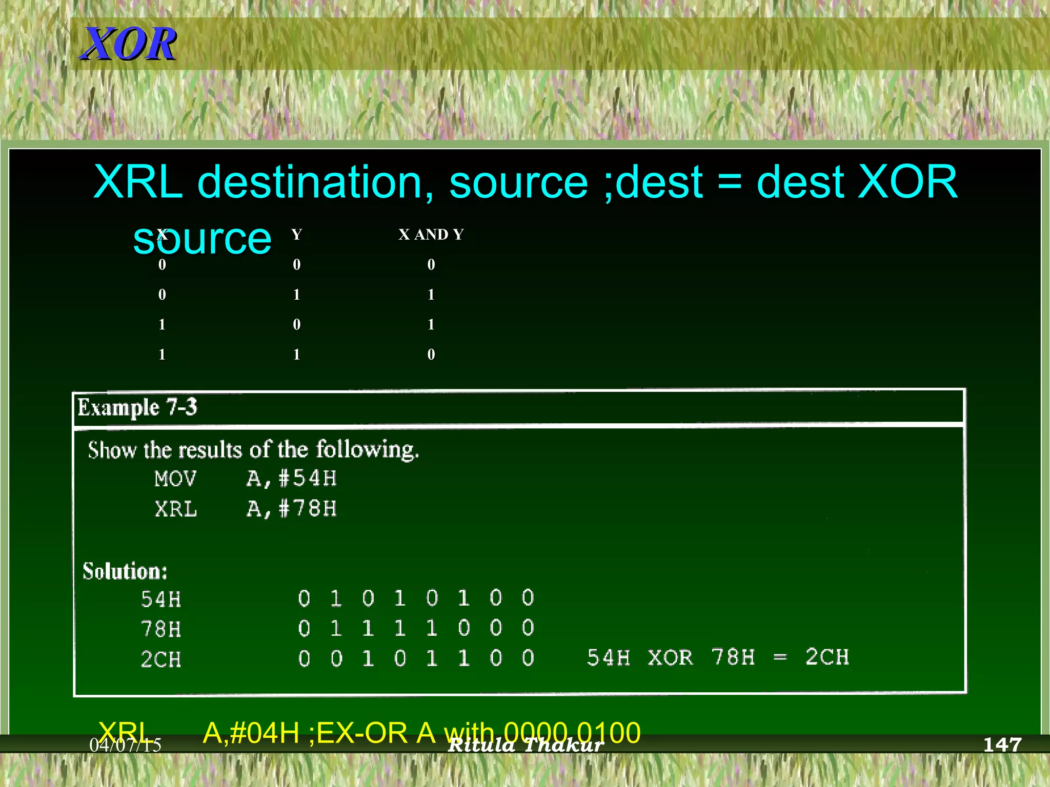 XORXOR
XRL destination, source ;dest = dest XORXRL destination, source ;dest = dest XOR
sourcesourceXX YY X AND YX AND Y
00 00 00
00 11 11
11 00 11
11 11 00
XRL A,#04H ;EX-OR A with 0000 010004/07/15 Ritula Thakur 147
 