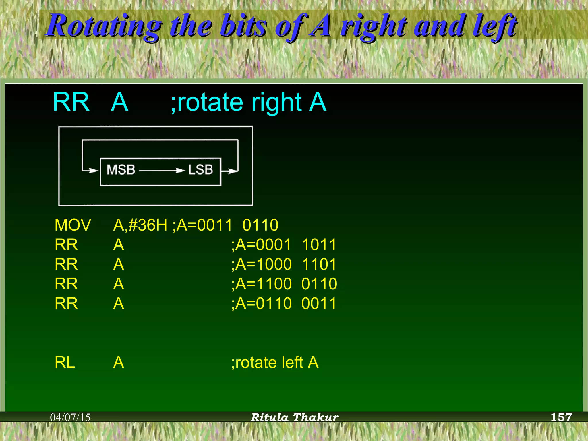Rotating the bits of A right and leftRotating the bits of A right and left
RRRR AA ;rotate right A;rotate right A
MOV A,#36H ;A=0011 0110
RR A ;A=0001 1011
RR A ;A=1000 1101
RR A ;A=1100 0110
RR A ;A=0110 0011
RL A ;rotate left A
04/07/15 Ritula Thakur 157
 