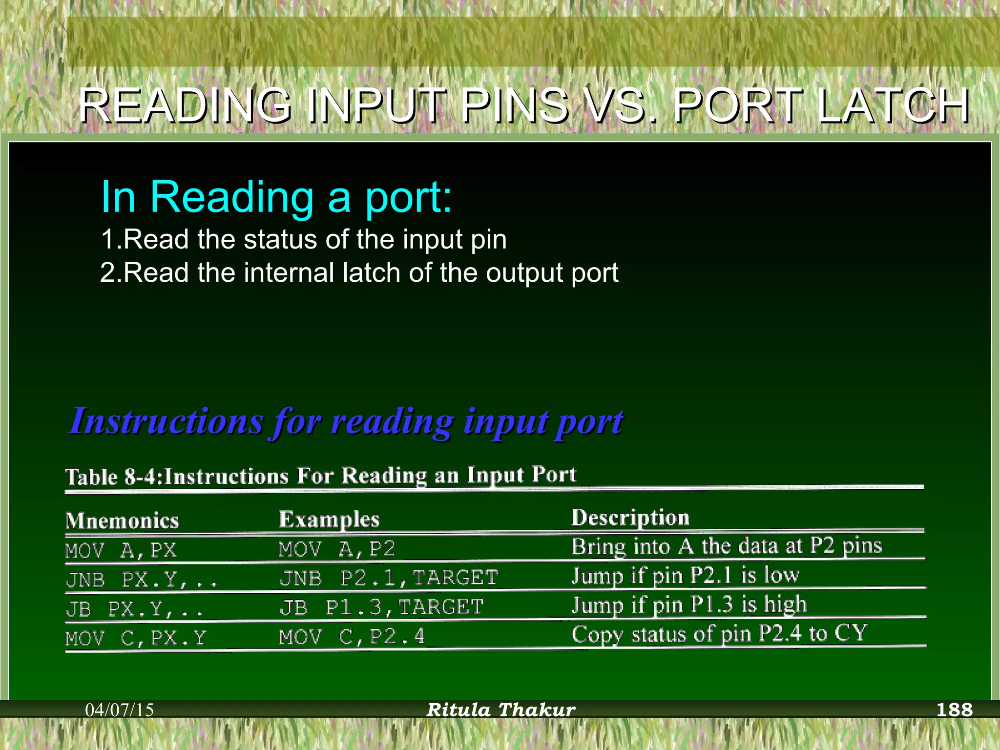 Instructions for reading input portInstructions for reading input port
READING INPUT PINS VS. PORT LATCHREADING INPUT PINS VS. PORT LATCH
In Reading a port:
1.Read the status of the input pin
2.Read the internal latch of the output port
04/07/15 Ritula Thakur 188
 