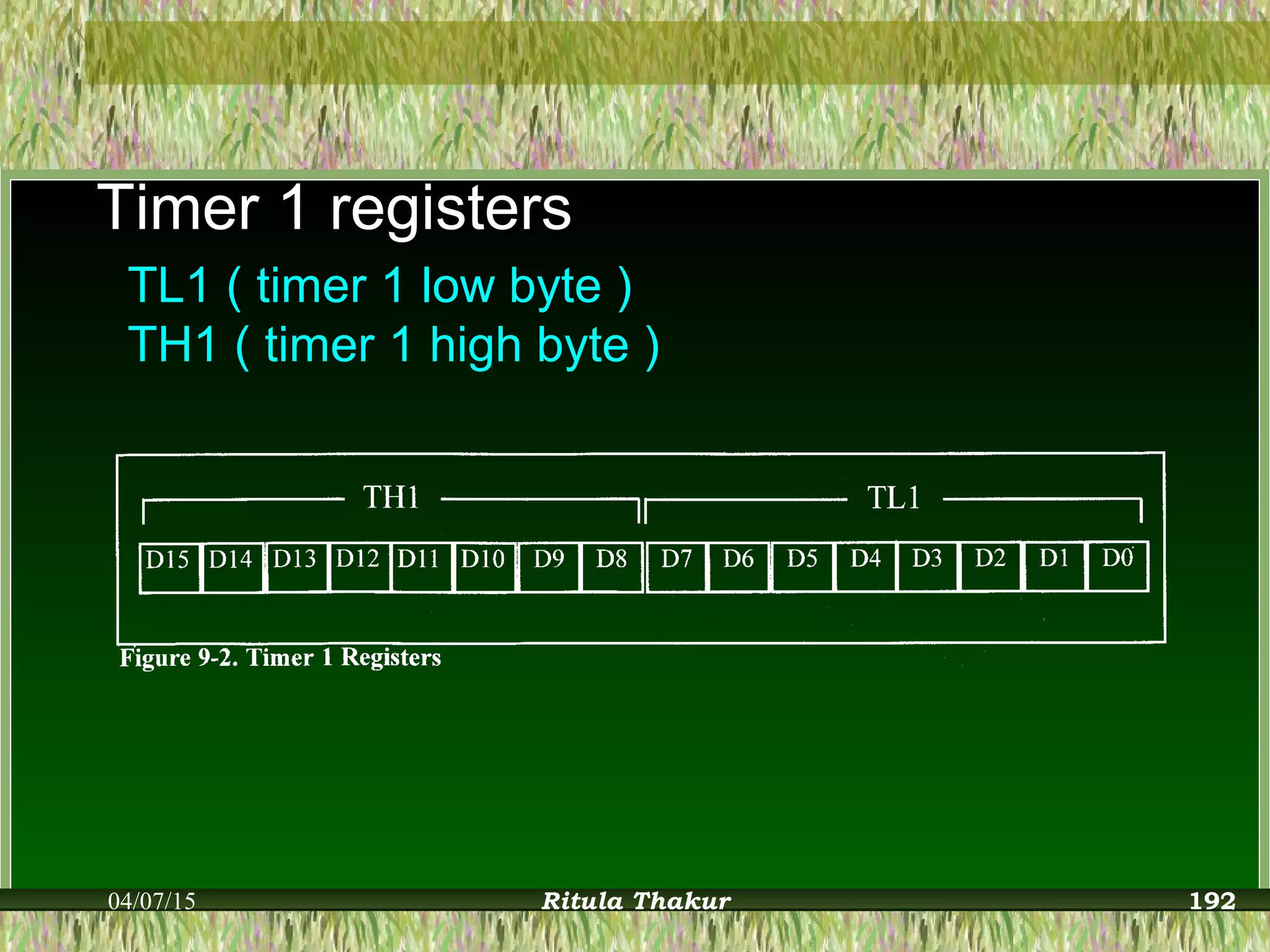 Timer 1 registersTimer 1 registers
TL1 ( timer 1 low byte )
TH1 ( timer 1 high byte )
04/07/15 Ritula Thakur 192
 