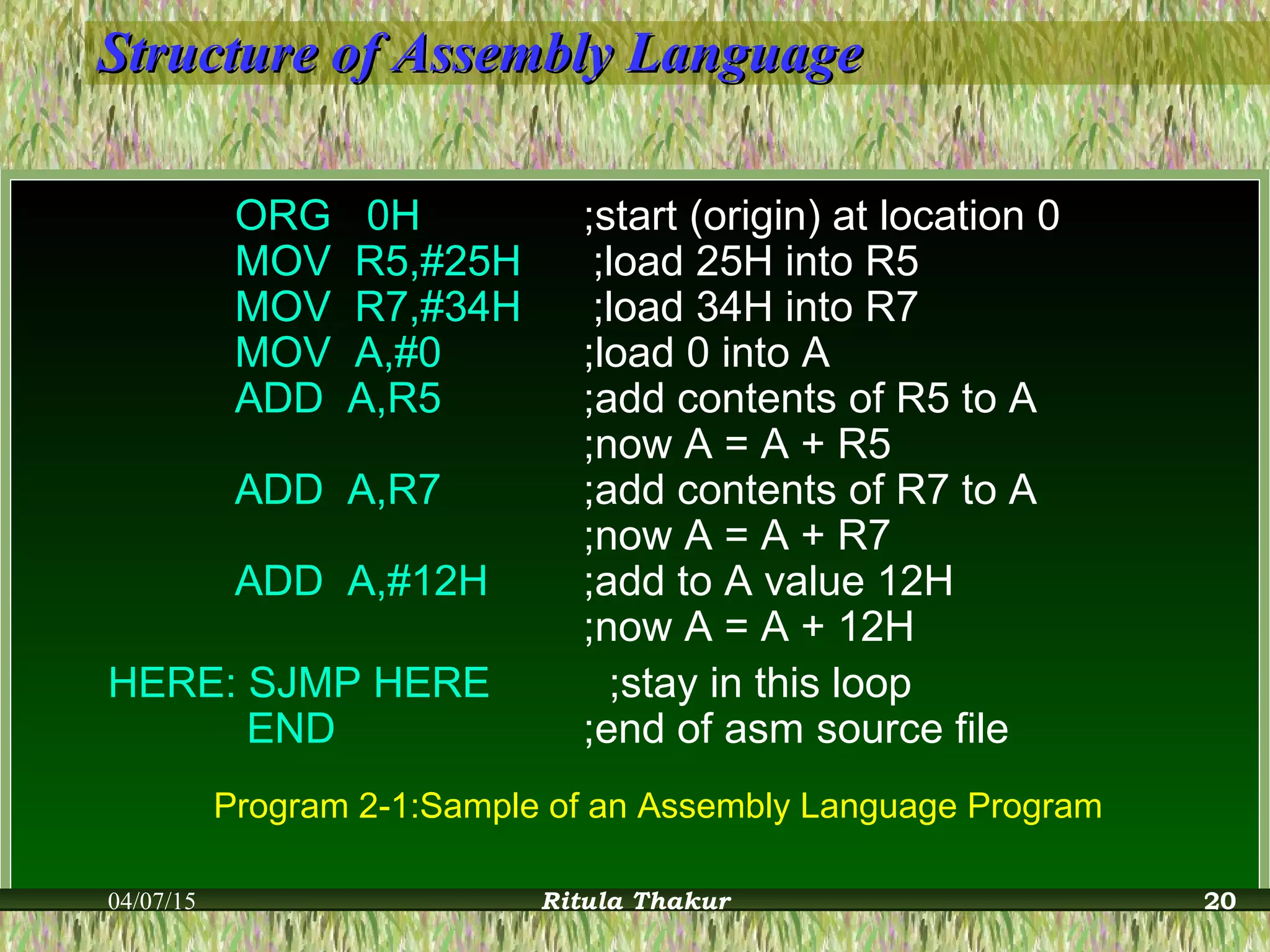 Structure of Assembly LanguageStructure of Assembly Language
ORG 0H ;start (origin) at location 0
MOV R5,#25H ;load 25H into R5
MOV R7,#34H ;load 34H into R7
MOV A,#0 ;load 0 into A
ADD A,R5 ;add contents of R5 to A
;now A = A + R5
ADD A,R7 ;add contents of R7 to A
;now A = A + R7
ADD A,#12H ;add to A value 12H
;now A = A + 12H
HERE: SJMP HERE ;stay in this loop
END ;end of asm source file
Program 2-1:Sample of an Assembly Language Program
04/07/15 Ritula Thakur 20
 