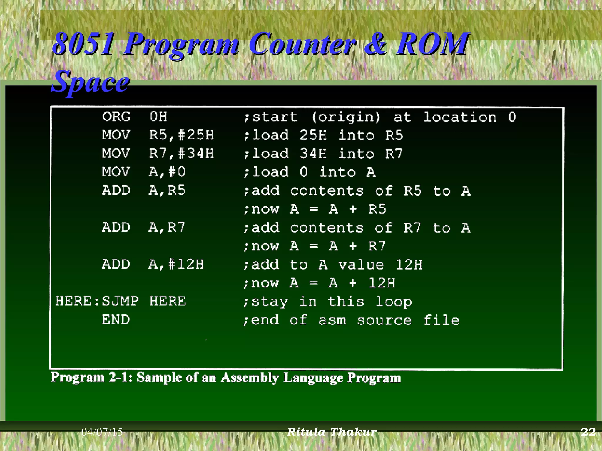 8051 Program Counter & ROM8051 Program Counter & ROM
SpaceSpace
04/07/15 Ritula Thakur 22
 