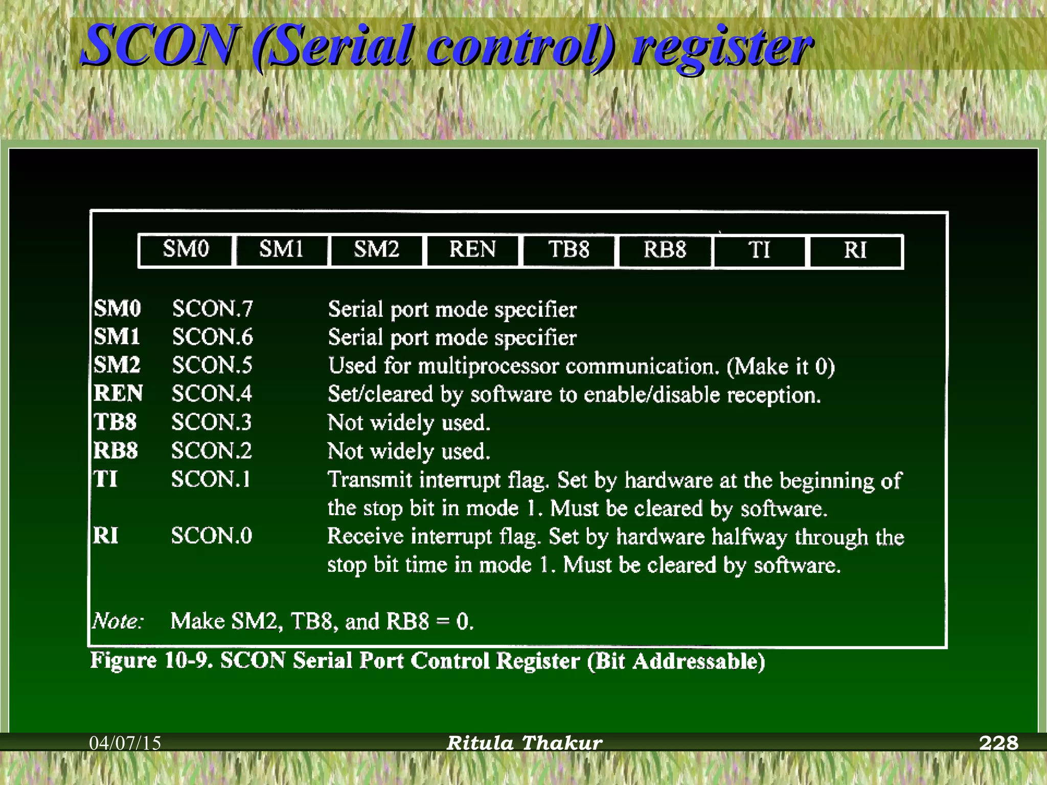 SCON (Serial control) registerSCON (Serial control) register
04/07/15 Ritula Thakur 228
 