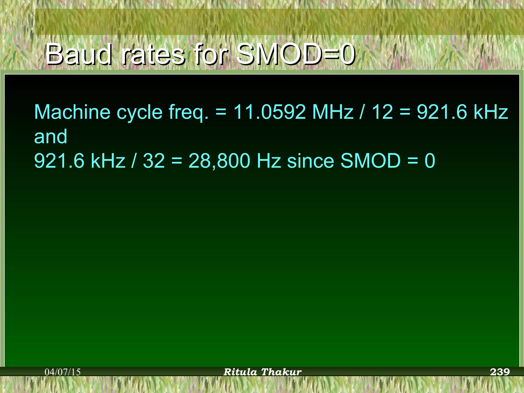 Baud rates for SMOD=0Baud rates for SMOD=0
Machine cycle freq. = 11.0592 MHz / 12 = 921.6 kHz
and
921.6 kHz / 32 = 28,800 Hz since SMOD = 0
04/07/15 Ritula Thakur 239
 