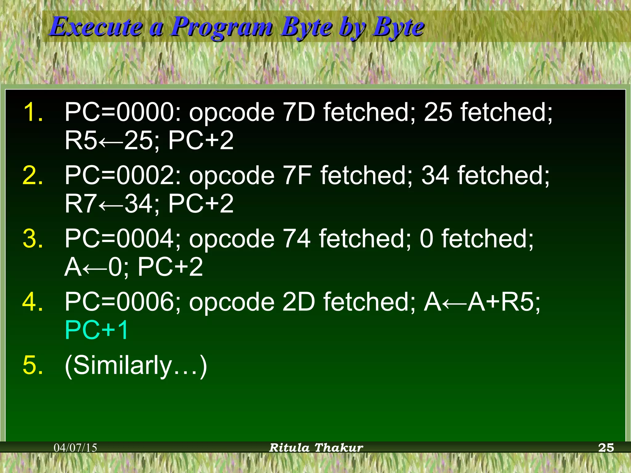 Execute a Program Byte by ByteExecute a Program Byte by Byte
1. PC=0000: opcode 7D fetched; 25 fetched;
R5←25; PC+2
2. PC=0002: opcode 7F fetched; 34 fetched;
R7←34; PC+2
3. PC=0004; opcode 74 fetched; 0 fetched;
A←0; PC+2
4. PC=0006; opcode 2D fetched; A←A+R5;
PC+1
5. (Similarly…)
04/07/15 Ritula Thakur 25
 