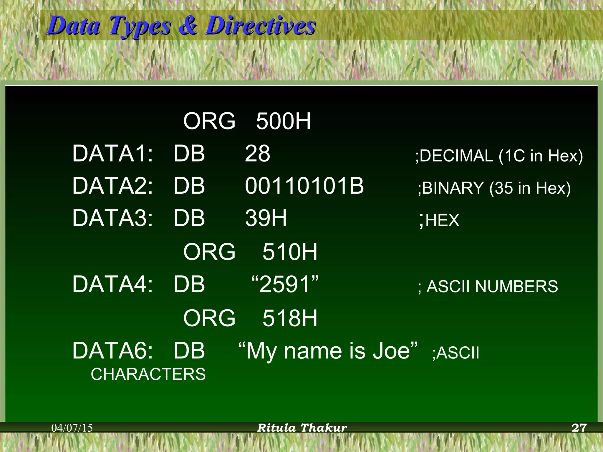 Data Types & DirectivesData Types & Directives
ORG 500H
DATA1: DB 28 ;DECIMAL (1C in Hex)
DATA2: DB 00110101B ;BINARY (35 in Hex)
DATA3: DB 39H ;HEX
ORG 510H
DATA4: DB “2591” ; ASCII NUMBERS
ORG 518H
DATA6: DB “My name is Joe” ;ASCII
CHARACTERS
04/07/15 Ritula Thakur 27
 