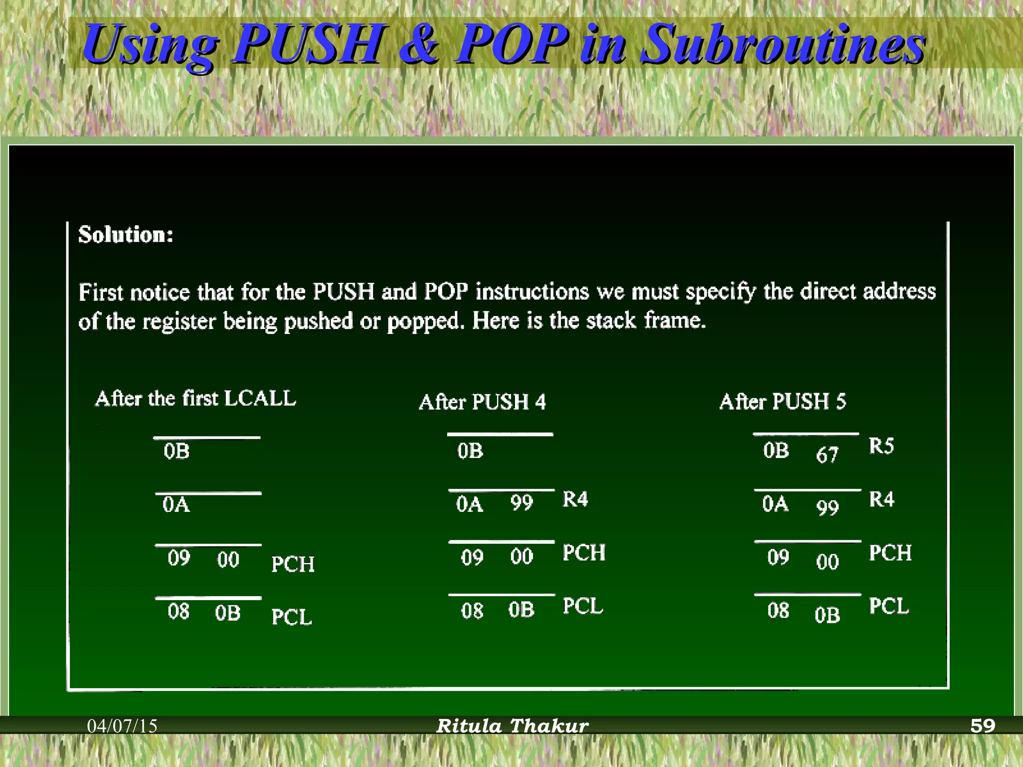 Using PUSH & POP in SubroutinesUsing PUSH & POP in Subroutines
04/07/15 Ritula Thakur 59
 