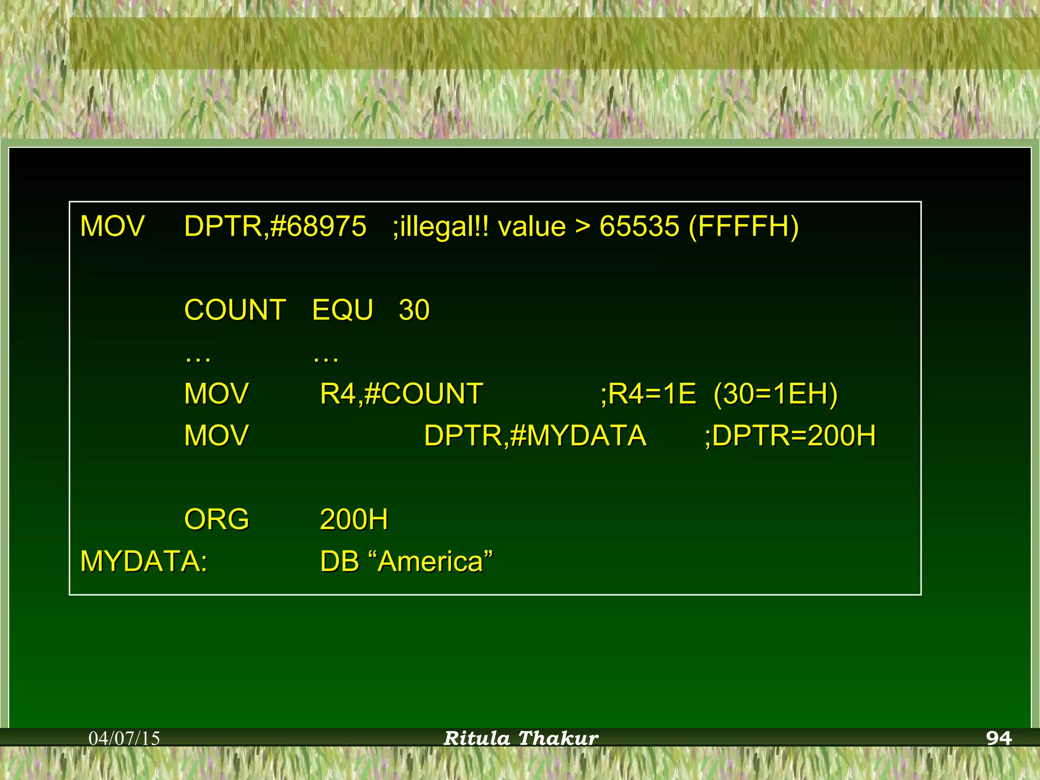 MOVMOV DPTR,#68975DPTR,#68975 ;illegal!! value > 65535 (FFFFH);illegal!! value > 65535 (FFFFH)
COUNTCOUNT EQU 30EQU 30
…… ……
MOVMOV R4,#COUNTR4,#COUNT ;R4=1E (30=1EH);R4=1E (30=1EH)
MOVMOV DPTR,#MYDATADPTR,#MYDATA ;DPTR=200H;DPTR=200H
ORGORG 200H200H
MYDATA:MYDATA: DB “America”DB “America”
04/07/15 Ritula Thakur 94
 