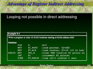 Advantage of Register Indirect AddressingAdvantage of Register Indirect Addressing
Looping not possible in direct addressing
04/07/15 Ritula Thakur 106
 