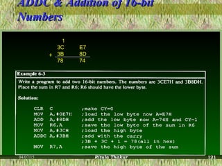 ADDC & Addition of 16-bitADDC & Addition of 16-bit
NumbersNumbers
1
3C E7
3B 8D
78 74
+
04/07/15 Ritula Thakur 121
 