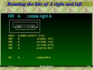 Rotating the bits of A right and leftRotating the bits of A right and left
RRRR AA ;rotate right A;rotate right A
MOV A,#36H ;A=0011 0110
RR A ;A=0001 1011
RR A ;A=1000 1101
RR A ;A=1100 0110
RR A ;A=0110 0011
RL A ;rotate left A
04/07/15 Ritula Thakur 157
 
