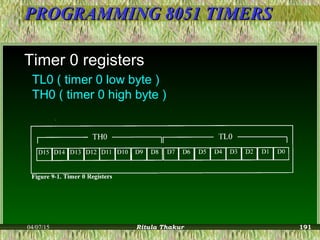 PROGRAMMING 8051 TIMERSPROGRAMMING 8051 TIMERS
Timer 0 registersTimer 0 registers
TL0 ( timer 0 low byte )
TH0 ( timer 0 high byte )
04/07/15 Ritula Thakur 191
 