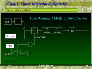 04/07/15 Ritula Thakur
Chap3. Timer Interrupt & OptimizeChap3. Timer Interrupt & Optimize
osc 12÷
1/ =TC CONTROL
TL1
(8BITS)
TH1
(8BITS)
TF1 INTERRUPT
GATE
PININT1
TR1
T1 PIN
0/ =TC
Timer/Counter 1 Mode 1:16-bit Counter
Timer Mode - Mode 1
207
 
