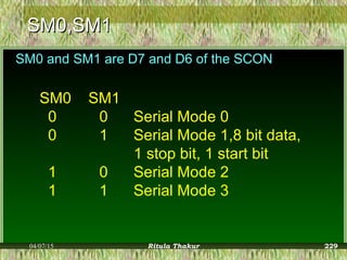 SM0,SM1SM0,SM1
SM0 and SM1 are D7 and D6 of the SCON
SM0 SM1
0 0 Serial Mode 0
0 1 Serial Mode 1,8 bit data,
1 stop bit, 1 start bit
1 0 Serial Mode 2
1 1 Serial Mode 3
04/07/15 Ritula Thakur 229
 