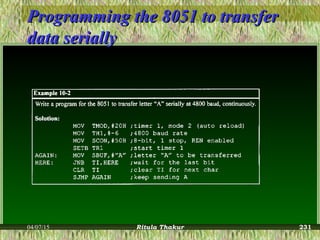 Programming the 8051 to transferProgramming the 8051 to transfer
data seriallydata serially
04/07/15 Ritula Thakur 231
 