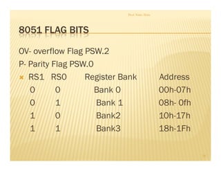 8051 FLAG BITS
OV- overflow Flag PSW.2
P- Parity Flag PSW.0
 RS1 RS0 Register Bank Address
0 0 Bank 0 00h-07h
0 1 Bank 1 08h- 0fh
1 0 Bank2 10h-17h
1 1 Bank3 18h-1Fh
Prof. Nitin Ahire
18
 