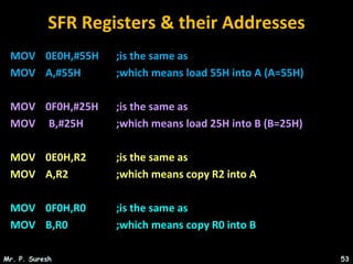 SFR Registers & their Addresses
MOV 0E0H,#55H ;is the same as
MOV A,#55H ;which means load 55H into A (A=55H)
MOV 0F0H,#25H ;is the same as
MOV B,#25H ;which means load 25H into B (B=25H)
MOV 0E0H,R2 ;is the same as
MOV A,R2 ;which means copy R2 into A
MOV 0F0H,R0 ;is the same as
MOV B,R0 ;which means copy R0 into B
Mr. P. Suresh 53
 