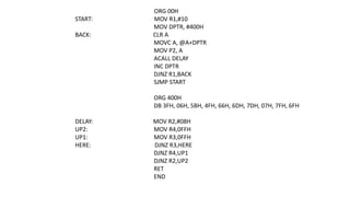 ORG 00H
START: MOV R1,#10
MOV DPTR, #400H
BACK: CLR A
MOVC A, @A+DPTR
MOV P2, A
ACALL DELAY
INC DPTR
DJNZ R1,BACK
SJMP START
ORG 400H
DB 3FH, 06H, 5BH, 4FH, 66H, 6DH, 7DH, 07H, 7FH, 6FH
DELAY: MOV R2,#08H
UP2: MOV R4,0FFH
UP1: MOV R3,0FFH
HERE: DJNZ R3,HERE
DJNZ R4,UP1
DJNZ R2,UP2
RET
END
 