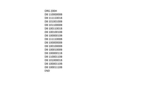 ORG 200H
DB 11000000B
DB 11111001B
DB 10100100B
DB 10110000B
DB 10011001B
DB 10010010B
DB 10000010B
DB 11111000B
DB 10000000B
DB 10010000B
DB 10001000B
DB 10000011B
DB 11000110B
DB 10100001B
DB 10000110B
DB 10001110B
END
 