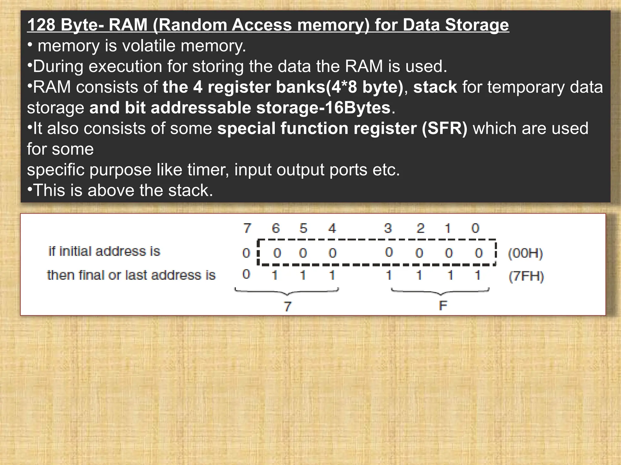 128 Byte- RAM (Random Access memory) for Data Storage • memory is volatile memory. •During execution for storing the data the RAM is used. •RAM consists of the 4 register banks(4*8 byte), stack for temporary data storage and bit addressable storage-16Bytes. •It also consists of some special function register (SFR) which are used for some specific purpose like timer, input output ports etc. •This is above the stack. 