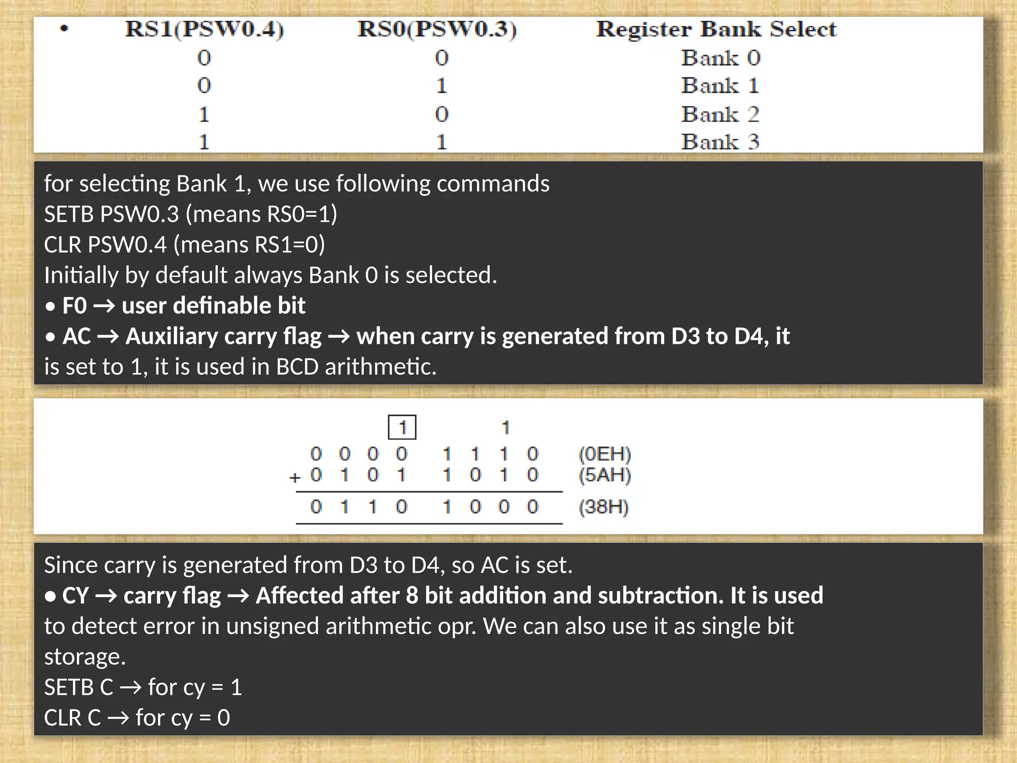 for selecting Bank 1, we use following commands SETB PSW0.3 (means RS0=1) CLR PSW0.4 (means RS1=0) Initially by default always Bank 0 is selected. • F0 → user definable bit • AC → Auxiliary carry flag → when carry is generated from D3 to D4, it is set to 1, it is used in BCD arithmetic. Since carry is generated from D3 to D4, so AC is set. • CY → carry flag → Affected after 8 bit addition and subtraction. It is used to detect error in unsigned arithmetic opr. We can also use it as single bit storage. SETB C → for cy = 1 CLR C → for cy = 0 