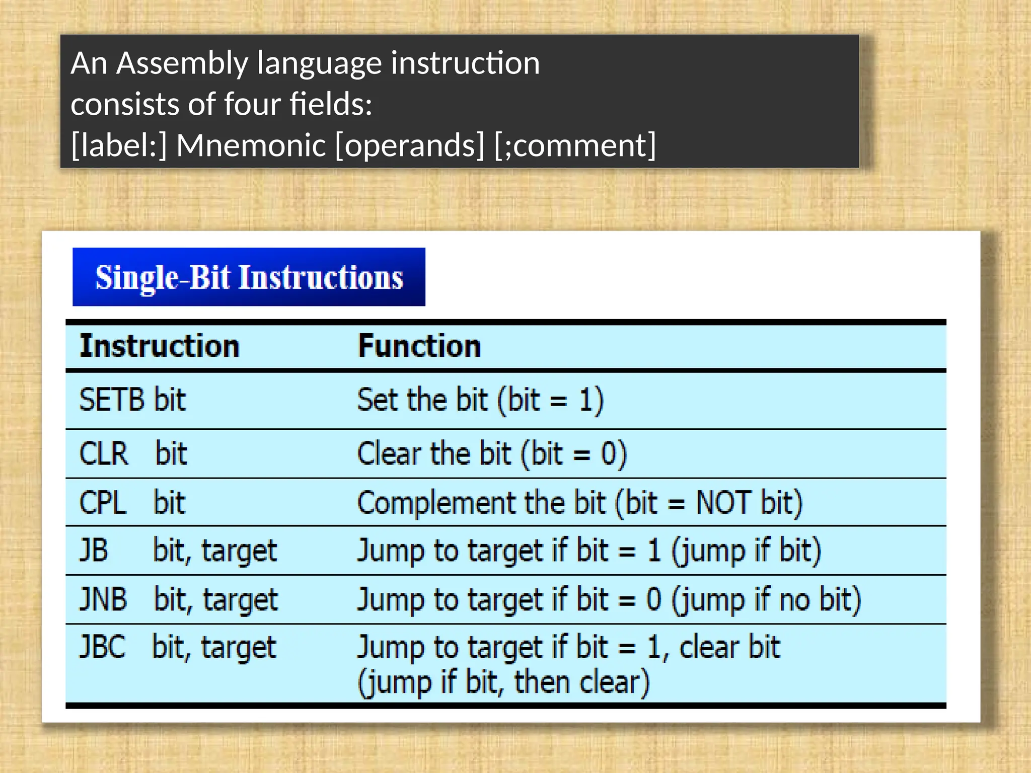 An Assembly language instruction consists of four fields: [label:] Mnemonic [operands] [;comment] 