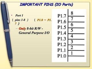 IMPORTANT PINS (IO Ports)
IMPORTANT PINS (IO Ports)
• Port 1
Port 1
（
（ pins 1-8
pins 1-8 ）
） （
（ P1.0
P1.0 ～
～ P1.
P1.
7
7 ）
）
– Only
Only 8-bit R/W -
8-bit R/W -
General Purpose I/O
General Purpose I/O
 