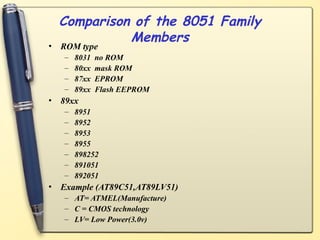 Comparison of the 8051 Family
Members
• ROM type
– 8031 no ROM
– 80xx mask ROM
– 87xx EPROM
– 89xx Flash EEPROM
• 89xx
– 8951
– 8952
– 8953
– 8955
– 898252
– 891051
– 892051
• Example (AT89C51,AT89LV51)
– AT= ATMEL(Manufacture)
– C = CMOS technology
– LV= Low Power(3.0v)
 