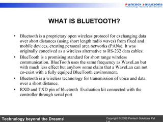 <ul><li>Bluetooth is a proprietary open wireless protocol for exchanging data over short distances (using short length rad...