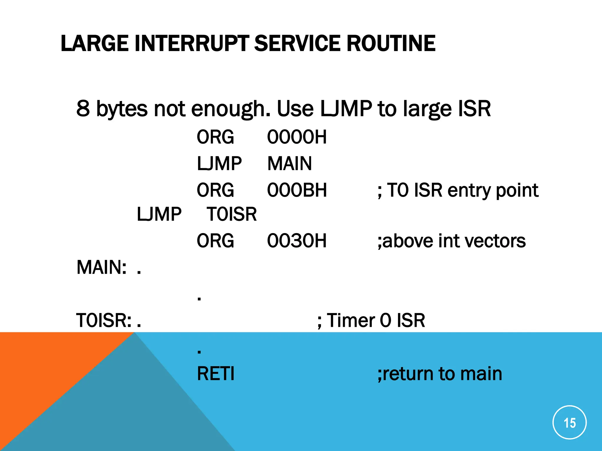 LARGE INTERRUPT SERVICE ROUTINE
8 bytes not enough. Use LJMP to large ISR
ORG 0000H
LJMP MAIN
ORG 000BH ; T0 ISR entry point
LJMP T0ISR
ORG 0030H ;above int vectors
MAIN: .
.
T0ISR: . ; Timer 0 ISR
.
RETI ;return to main
15
 