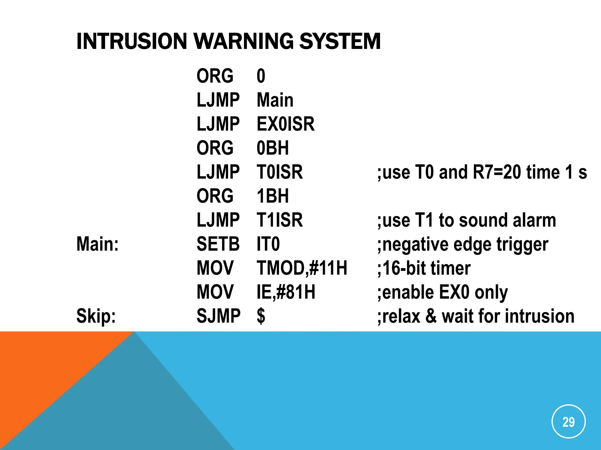 INTRUSION WARNING SYSTEM
29
ORG 0
LJMP Main
LJMP EX0ISR
ORG 0BH
LJMP T0ISR ;use T0 and R7=20 time 1 s
ORG 1BH
LJMP T1ISR ;use T1 to sound alarm
Main: SETB IT0 ;negative edge trigger
MOV TMOD,#11H ;16-bit timer
MOV IE,#81H ;enable EX0 only
Skip: SJMP $ ;relax & wait for intrusion
 