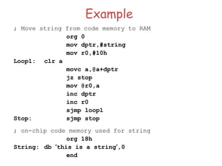 Example
; Move string from code memory to RAM
org 0
mov dptr,#string
mov r0,#10h
Loop1: clr a
movc a,@a+dptr
jz stop
mov @r0,a
inc dptr
inc r0
sjmp loop1
Stop: sjmp stop
; on-chip code memory used for string
org 18h
String: db ‘this is a string’,0
end
 
