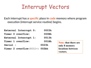Interrupt Vectors
Each interrupt has a specific place in code memory where program
execution (interrupt service routine) begins.
External Interrupt 0: 0003h
Timer 0 overflow: 000Bh
External Interrupt 1: 0013h
Timer 1 overflow: 001Bh
Serial : 0023h
Timer 2 overflow(8052+) 002bh
Note: that there are
only 8 memory
locations between
vectors.
 