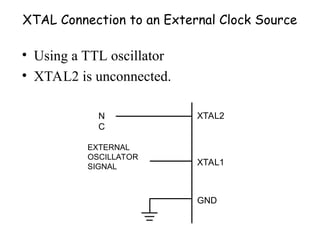 XTAL Connection to an External Clock Source
• Using a TTL oscillator
• XTAL2 is unconnected.
N
C
EXTERNAL
OSCILLATOR
SIGNAL
XTAL2
XTAL1
GND
 