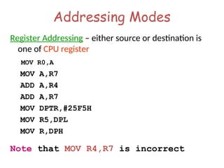 Addressing Modes
Register Addressing – either source or destination is
one of CPU register
MOV R0,A
MOV A,R7
ADD A,R4
ADD A,R7
MOV DPTR,#25F5H
MOV R5,DPL
MOV R,DPH
Note that MOV R4,R7 is incorrect
 