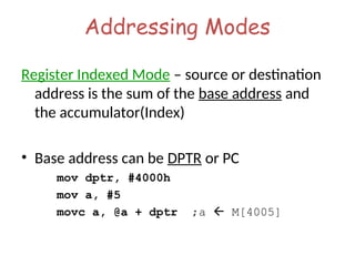Addressing Modes
Register Indexed Mode – source or destination
address is the sum of the base address and
the accumulator(Index)
• Base address can be DPTR or PC
mov dptr, #4000h
mov a, #5
movc a, @a + dptr ;a  M[4005]
 