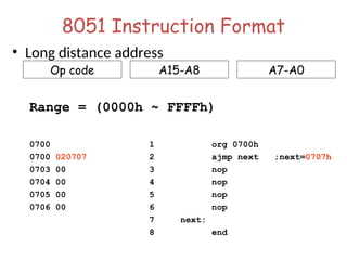 8051 Instruction Format
• Long distance address
Range = (0000h ~ FFFFh)
0700 1 org 0700h
0700 020707 2 ajmp next ;next=0707h
0703 00 3 nop
0704 00 4 nop
0705 00 5 nop
0706 00 6 nop
7 next:
8 end
Op code A15-A8 A7-A0
 