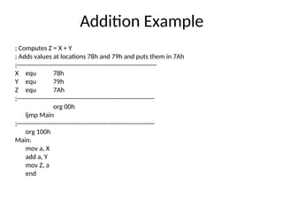 Addition Example
; Computes Z = X + Y
; Adds values at locations 78h and 79h and puts them in 7Ah
;------------------------------------------------------------------
X equ 78h
Y equ 79h
Z equ 7Ah
;-----------------------------------------------------------------
org 00h
ljmp Main
;-----------------------------------------------------------------
org 100h
Main:
mov a, X
add a, Y
mov Z, a
end
 