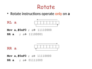Rotate
• Rotate instructions operate only on a
RL a
Mov a,#0xF0 ; a 11110000
RR a ; a 11100001
RR a
Mov a,#0xF0 ; a 11110000
RR a ; a 01111000
 
