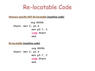 Re-locatable Code
Memory specific NOT Re-locatable (machine code)
org 8000h
Start: mov C, p1.6
mov p3.7, C
ljmp Start
end
Re-locatable (machine code)
org 8000h
Start: mov C, p1.6
mov p3.7, C
sjmp Start
end
 