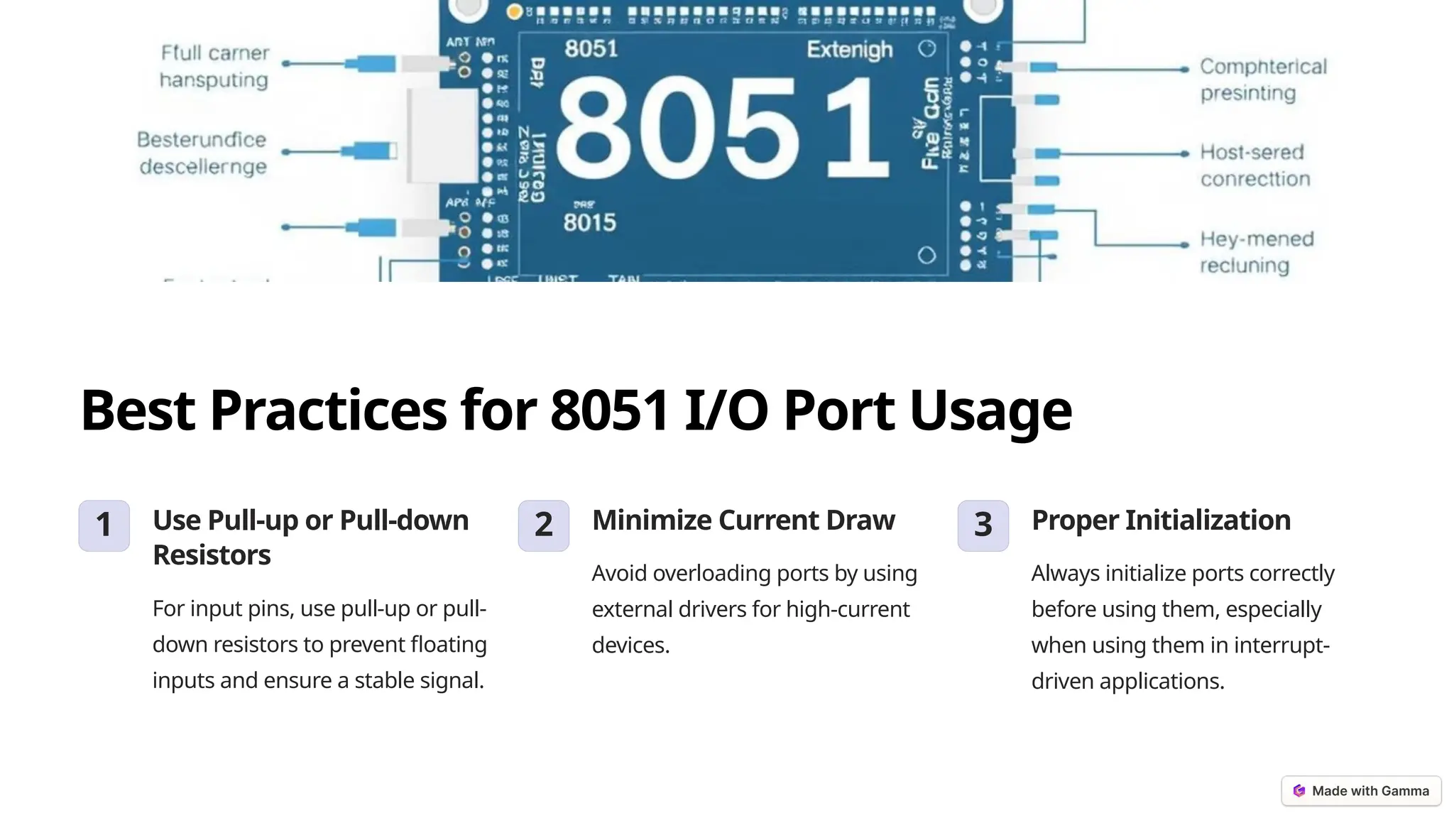 Best Practices for 8051 I/O Port Usage
1 Use Pull-up or Pull-down
Resistors
For input pins, use pull-up or pull-
down resistors to prevent floating
inputs and ensure a stable signal.
2 Minimize Current Draw
Avoid overloading ports by using
external drivers for high-current
devices.
3 Proper Initialization
Always initialize ports correctly
before using them, especially
when using them in interrupt-
driven applications.
 