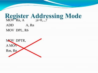 Register Addressing Mode
MOV Rn, A ;n=0,..,7
ADD A, Rn
MOV DPL, R6
MOV DPTR,
A MOV
Rm, Rn
 