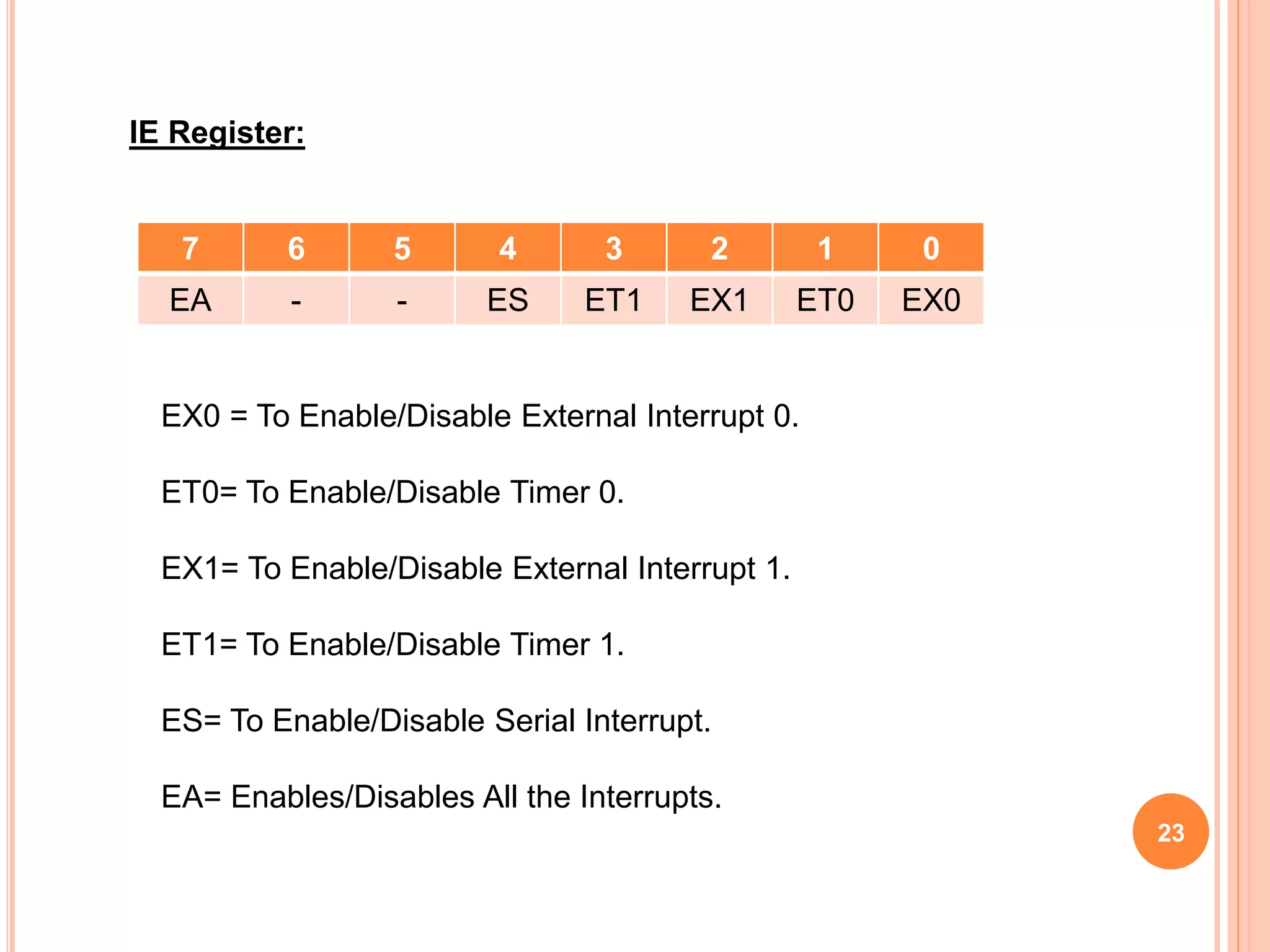23
7 6 5 4 3 2 1 0
EA - - ES ET1 EX1 ET0 EX0
IE Register:
EX0 = To Enable/Disable External Interrupt 0.
ET0= To Enable/Disable Timer 0.
EX1= To Enable/Disable External Interrupt 1.
ET1= To Enable/Disable Timer 1.
ES= To Enable/Disable Serial Interrupt.
EA= Enables/Disables All the Interrupts.
 