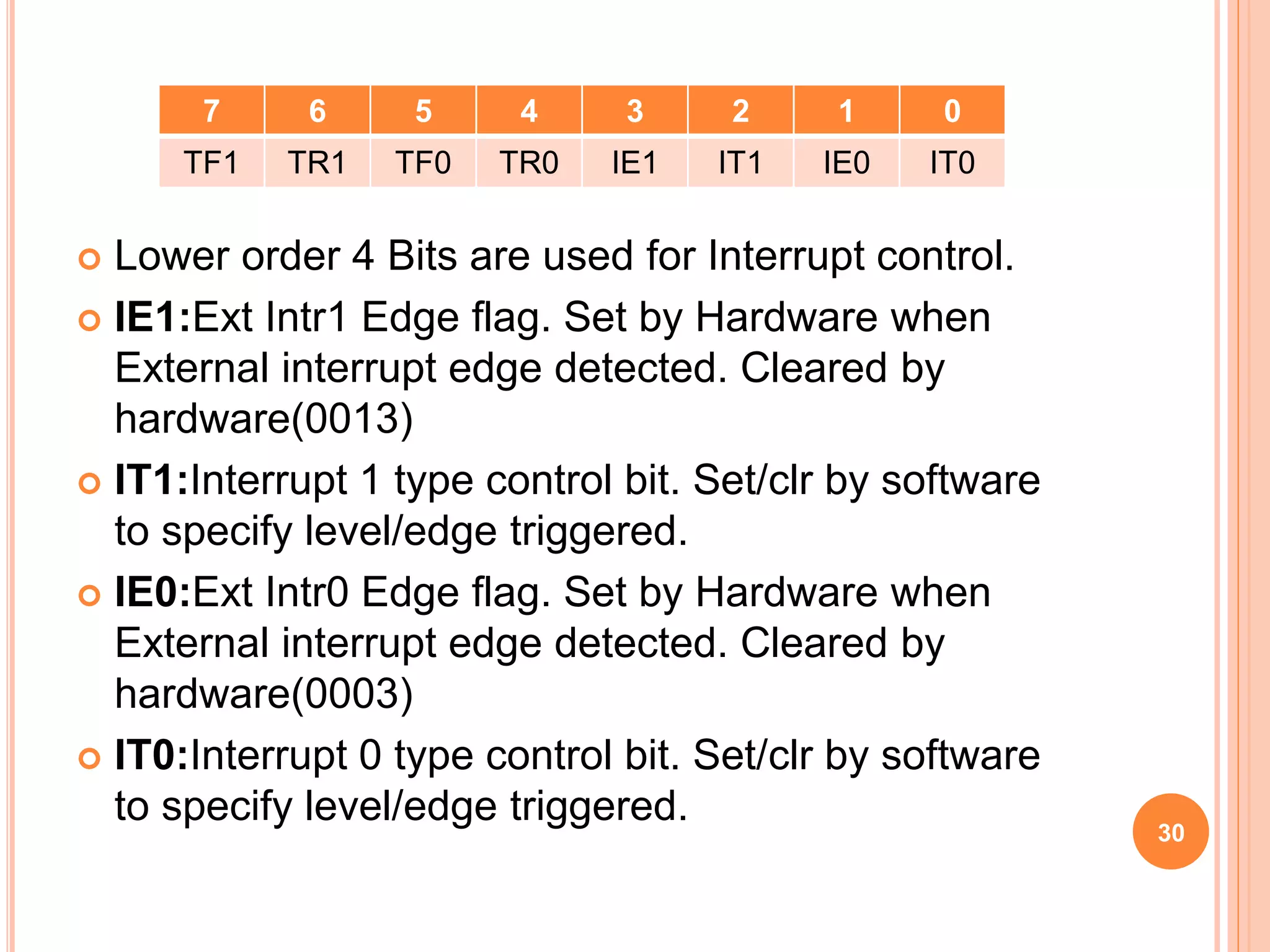  Lower order 4 Bits are used for Interrupt control.
 IE1:Ext Intr1 Edge flag. Set by Hardware when
External interrupt edge detected. Cleared by
hardware(0013)
 IT1:Interrupt 1 type control bit. Set/clr by software
to specify level/edge triggered.
 IE0:Ext Intr0 Edge flag. Set by Hardware when
External interrupt edge detected. Cleared by
hardware(0003)
 IT0:Interrupt 0 type control bit. Set/clr by software
to specify level/edge triggered.
7 6 5 4 3 2 1 0
TF1 TR1 TF0 TR0 IE1 IT1 IE0 IT0
30
 