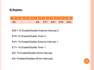 23
7 6 5 4 3 2 1 0
EA - - ES ET1 EX1 ET0 EX0
IE Register:
EX0 = To Enable/Disable External Interrupt 0.
ET0= To Enable/Disable Timer 0.
EX1= To Enable/Disable External Interrupt 1.
ET1= To Enable/Disable Timer 1.
ES= To Enable/Disable Serial Interrupt.
EA= Enables/Disables All the Interrupts.
 