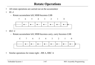 Embedded Systems 1 3-47 8051 Assembly Programming
Rotate Operations
• All rotate operations are carried out on the accumulator
• RL A
– Rotate accumulator left, MSB becomes LSB
• RLC A
– Rotate accumulator left, MSB becomes carry, carry becomes LSB
• Similar operations for rotate right: - RR A, RRC A
01234567
C 01234567
 