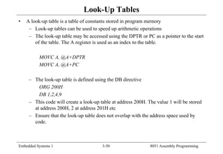 Embedded Systems 1 3-50 8051 Assembly Programming
Look-Up Tables
• A look-up table is a table of constants stored in program memory
– Look-up tables can be used to speed up arithmetic operations
– The look-up table may be accessed using the DPTR or PC as a pointer to the start
of the table. The A register is used as an index to the table.
MOVC A, @A+DPTR
MOVC A, @A+PC
– The look-up table is defined using the DB directive
ORG 200H
DB 1,2,4,9
– This code will create a look-up table at address 200H. The value 1 will be stored
at address 200H, 2 at address 201H etc
– Ensure that the look-up table does not overlap with the address space used by
code.
 