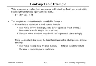 Embedded Systems 1 3-51 8051 Assembly Programming
Look-up Table Example
• Write a program to read an 8-bit temperature in Celsius from Port 1 and to output the
Farenheight temperature equivalent onto Port 2
– F = ((C * 9)/5) + 32
• This temperature conversion could be coded in 2 ways: -
– Use arithmetic operations to work out the formula
• This would involve a multiply and a divide operation which are the 2
instructions with the longest execution time
• The code would also have to deal with the 2-byte result of the multiply
– Use a look-up table that stores the Farenheight equivalent of all possible Celsius
readings
• This would require more program memory – 1 byte for each temperature
• The code is much simpler to implement
 