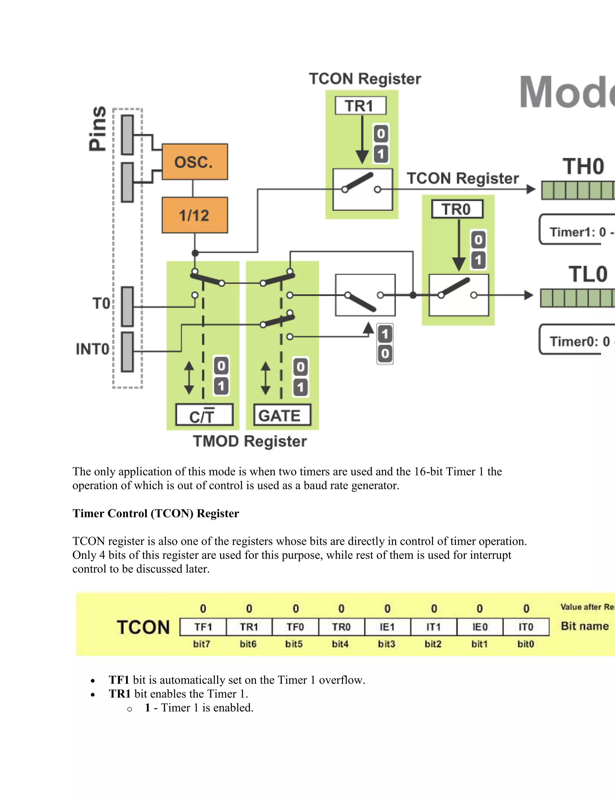 The only application of this mode is when two timers are used and the 16-bit Timer 1 the
operation of which is out of control is used as a baud rate generator.

Timer Control (TCON) Register

TCON register is also one of the registers whose bits are directly in control of timer operation.
Only 4 bits of this register are used for this purpose, while rest of them is used for interrupt
control to be discussed later.




       TF1 bit is automatically set on the Timer 1 overflow.
       TR1 bit enables the Timer 1.
         o 1 - Timer 1 is enabled.
 